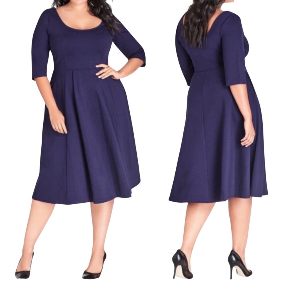 City Chic Ponte Knit Fit & Flare Midi Dress Scoopneck Navy Blue M Womens Plus 18